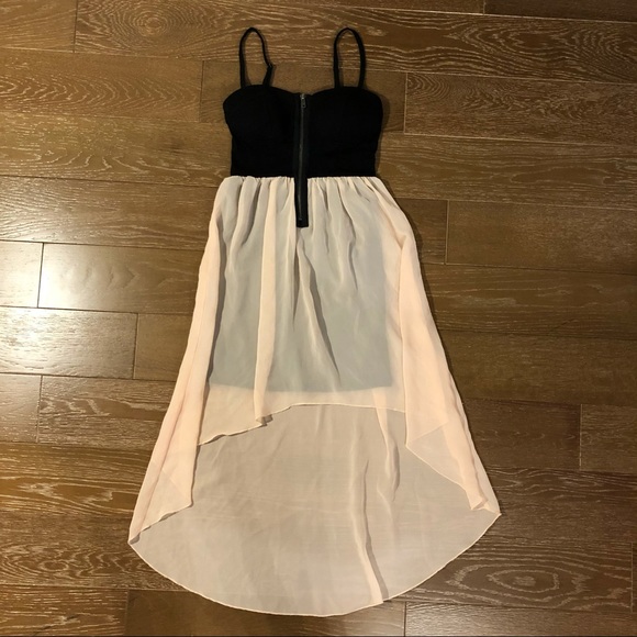 Material Girl Dresses & Skirts - Peach & Black Bustier High Low Mini Dress with Sheer Overlay